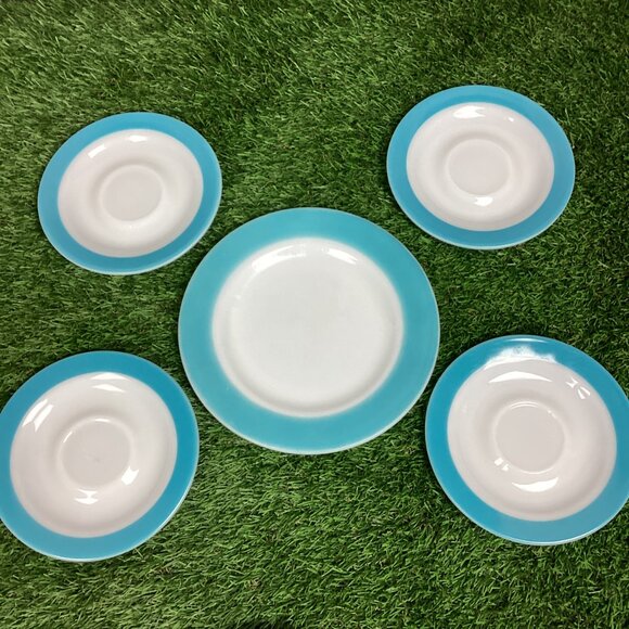 Vintage PYREX Turquoise Aqua Wide Rim Stripe Saucer Plates Set - Picture 2 of 9